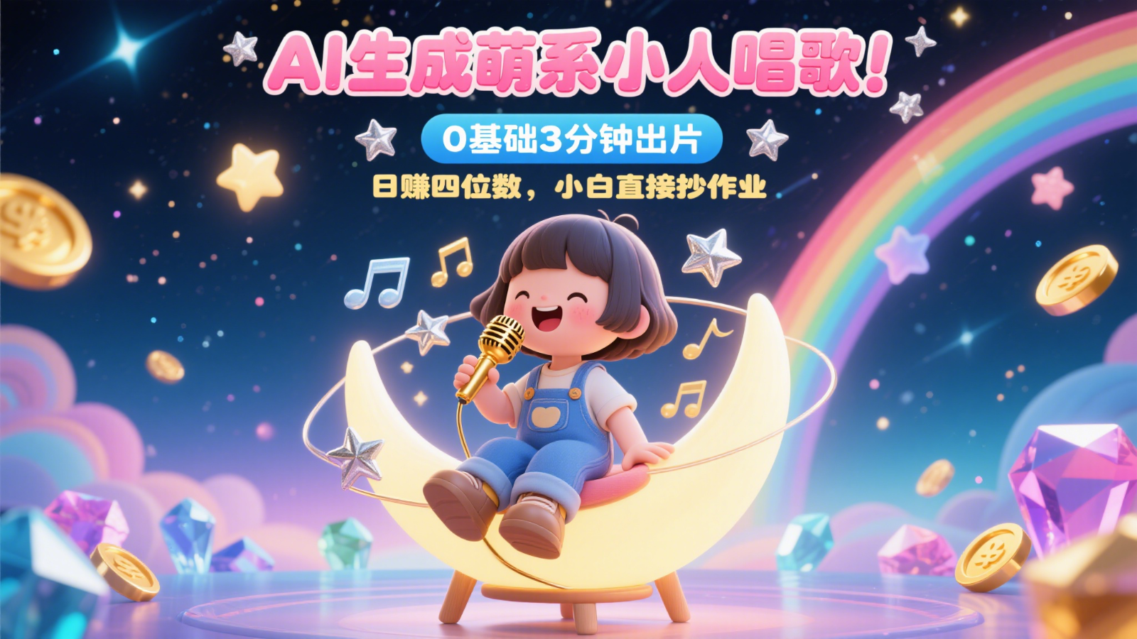 AI生成萌系小人唱歌！0基础3分钟出片，28个作品涨粉9万，日赚四位数，小白直接抄作业|优聚轻创