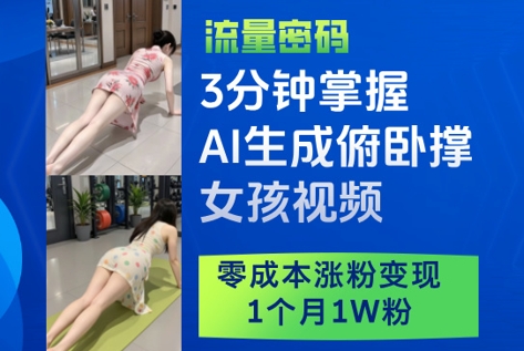 3分钟掌握AI生成俯卧撑女孩视频，零成本涨粉变现，1个月1W粉|优聚轻创
