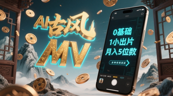AI一键生成古风音乐MV，0剪辑基础1小时出片，多种变现渠道，一部手机月入5位数|优聚轻创