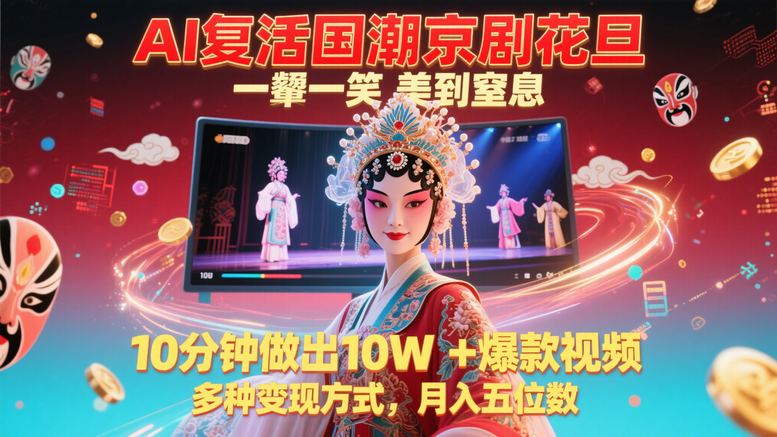AI复活国潮京剧花旦，一颦一笑美到窒息，10分钟做出10W+爆款视频，多种变现方式|优聚轻创