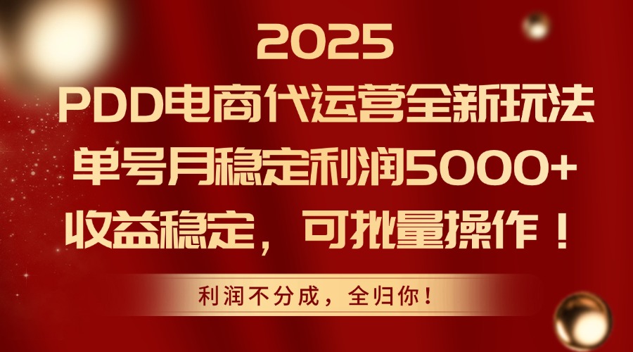 2025PDD电商代运营全新玩法，单号月稳定利润5000+，收益稳定，可批量操作|优聚轻创