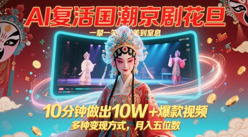 AI复活国潮京剧花旦，一颦一笑美到窒息，10分钟做出10W+爆款视频，多种变现方式，月入五位数|优聚轻创