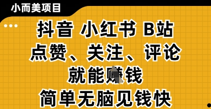 小而美的项目，抖音小红书B站视频点赞、关注、评论就能挣钱，简单无脑立见收益，妥妥的零撸项目【揭秘】|优聚轻创